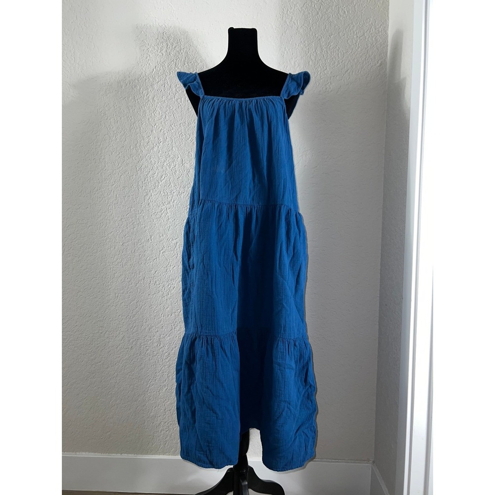Ruffle Strap Gauze Tiered Maxi Dress Blue Cotton Square NeckSundress Boho Summer